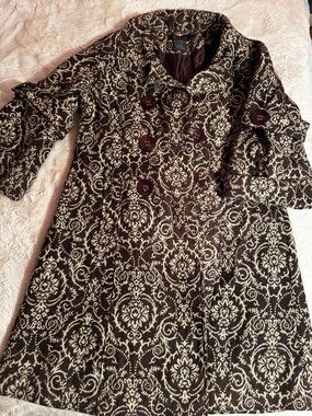 Neslay Brown Cream Tapestry Coat Medium Button Front Jacket Vintage Style